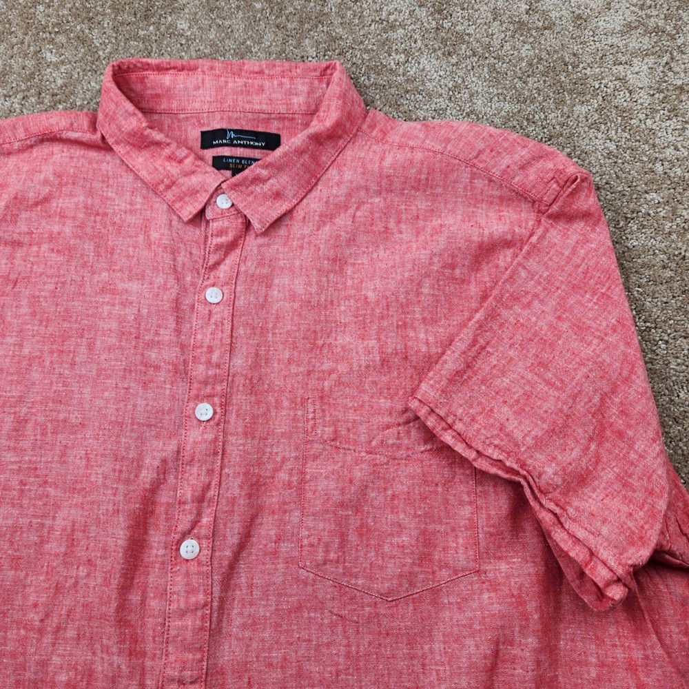 Marc Anthony Mens XXL Red Linen Blend Slim Fit Short Sleeve Button Down Shirt
